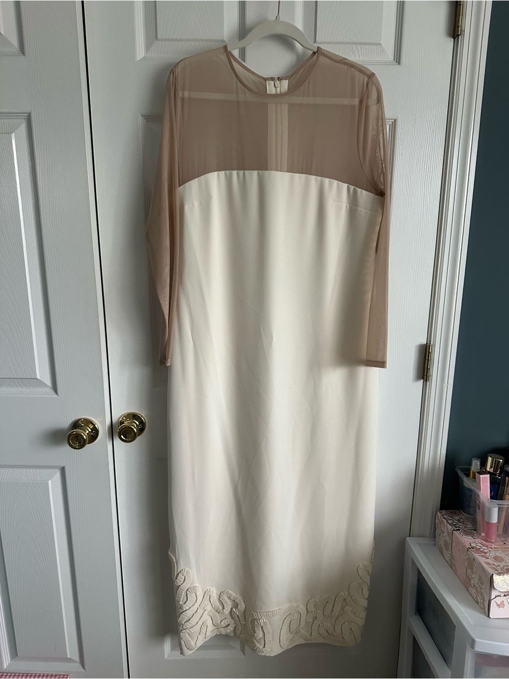 NWT Elizabeth Damirich Cream Maxi Dress with Nude Sheer Yoke and Long Sleeves